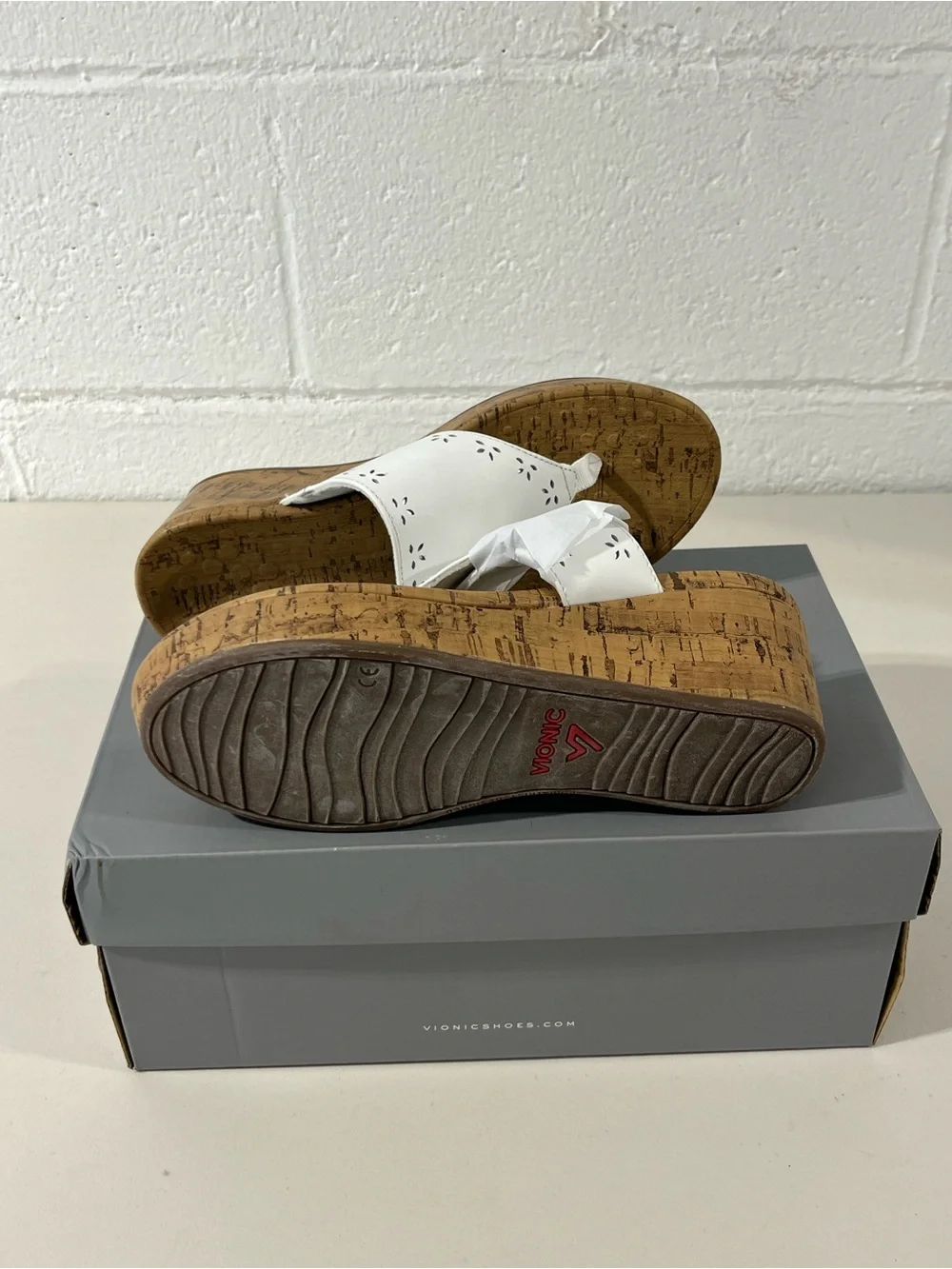 Vionic White Cork Wedge Thong Sandals